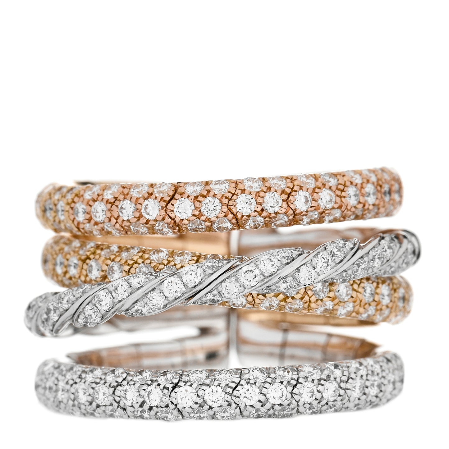 18K Yellow White Rose Gold Diamond Pave Flex Four-Row Ring 58 8.25