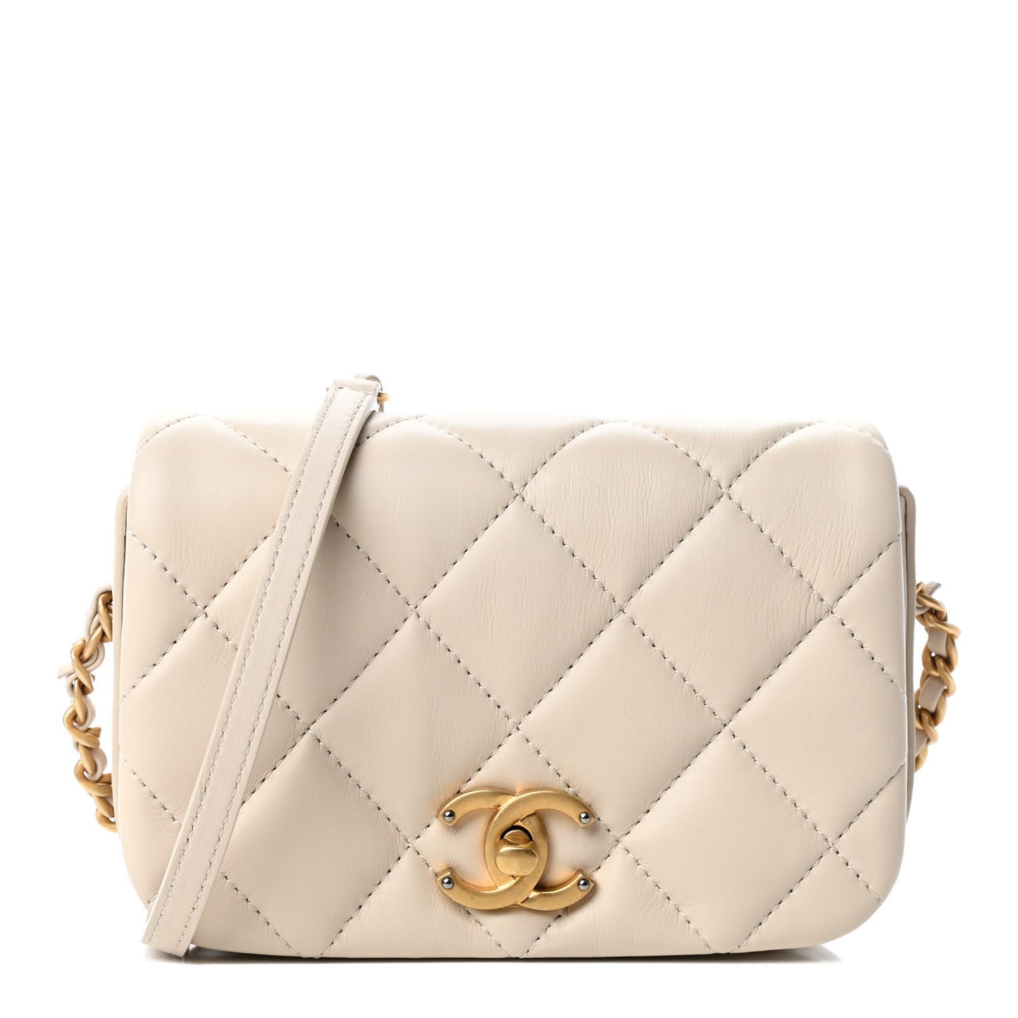 Calfskin Quilted Mini Nailed CC Flap Bag Beige