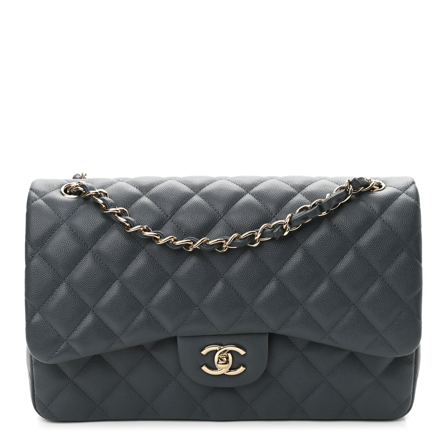 Caviar Quilted Jumbo Double Flap Grey