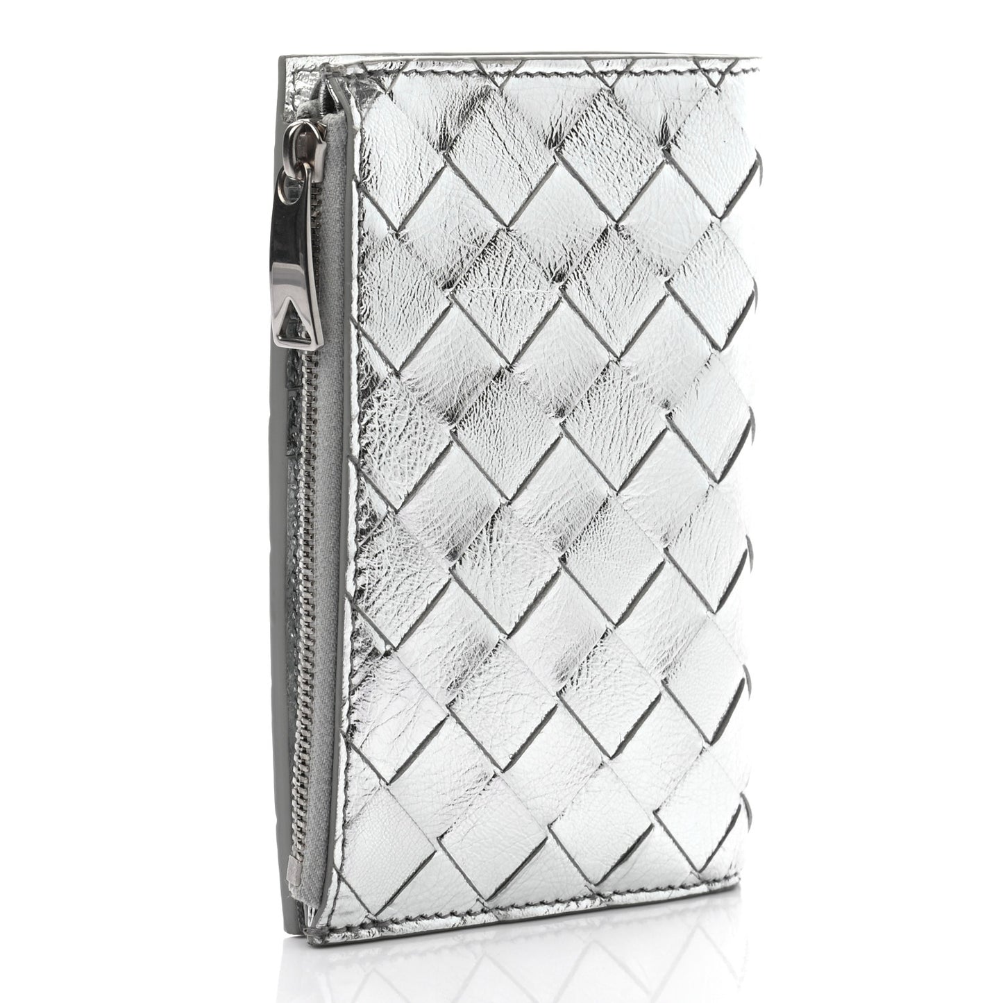 Metallic Calfskin Intrecciato Wallet Silver