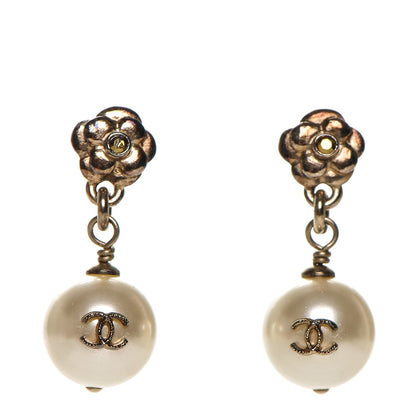 Chanel Camellia Pearl Drop Earrings Gold 1 of 3