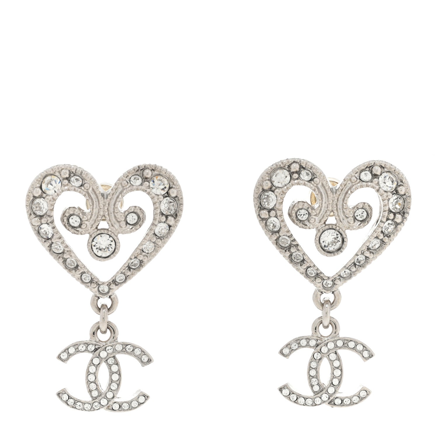 Chanel Crystal CC Heart Drop Earrings Silver 1 of 4
