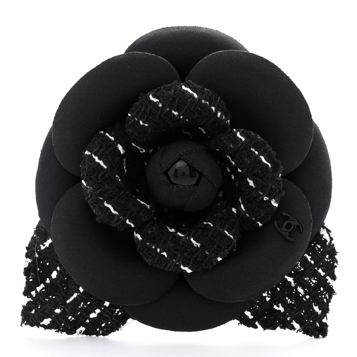 Tweed Fabric Camellia Pin Brooch Black