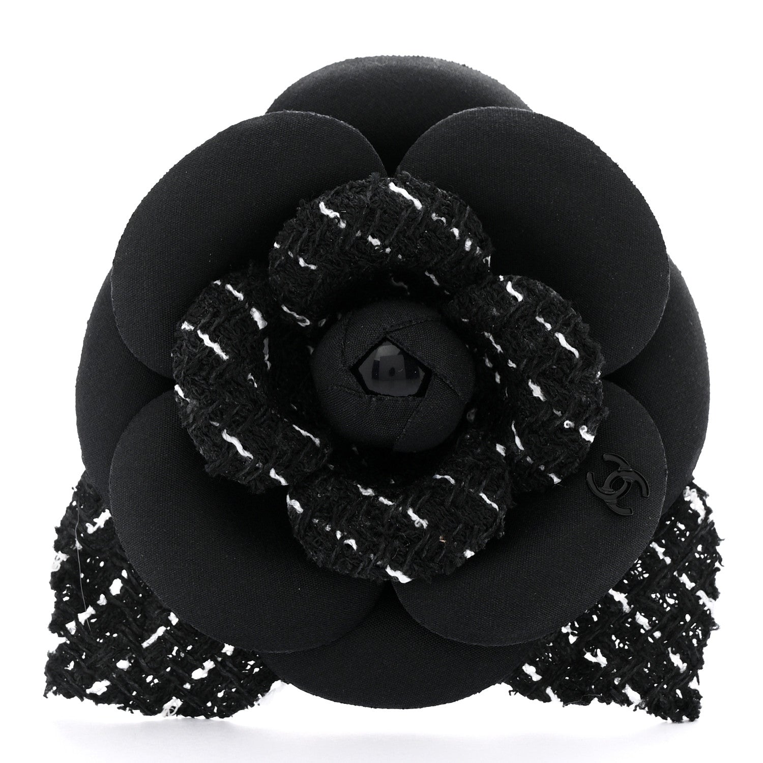 Chanel Tweed Fabric Camellia Pin Brooch Black 1 of 3