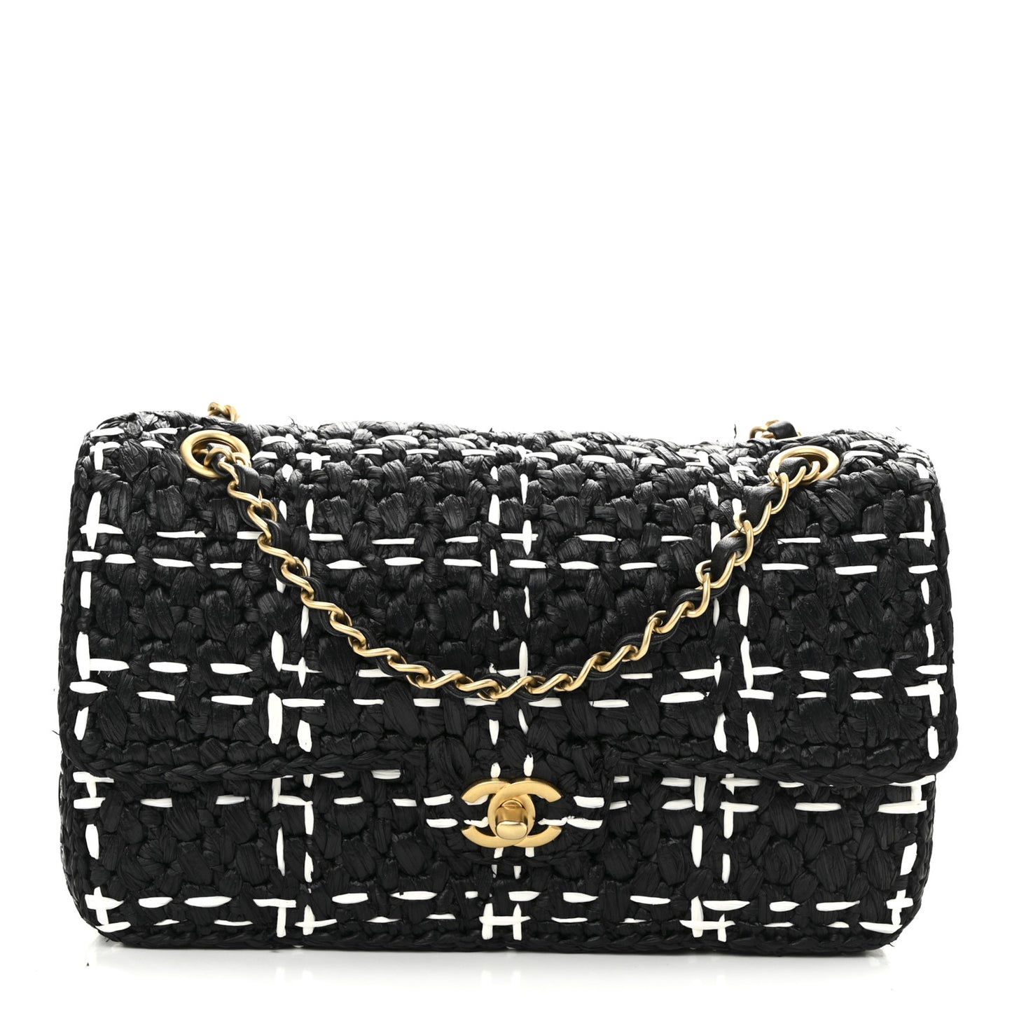 Raffia Effect Medium Tweedy Flap Bag Black White
