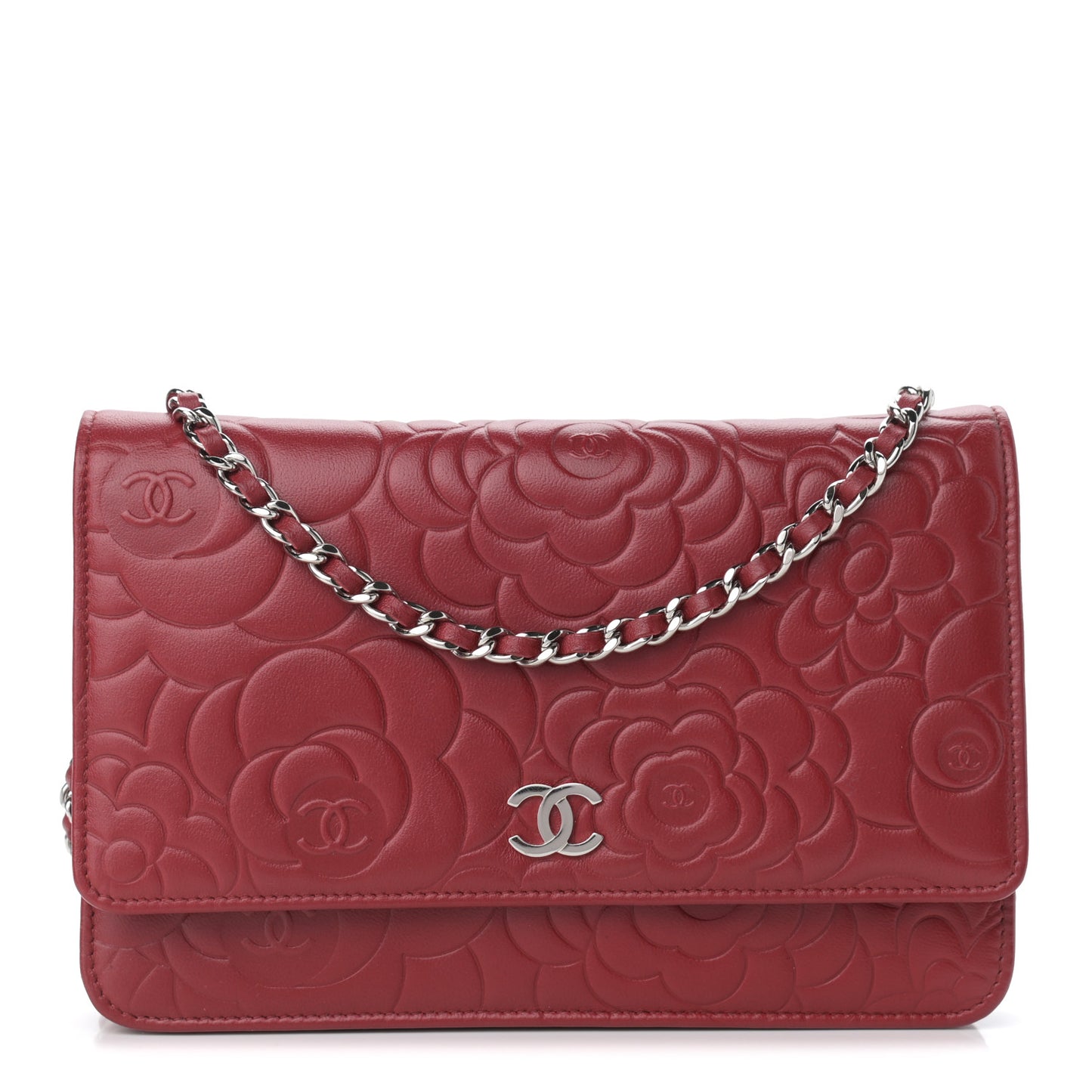 Lambskin Camellia Embossed Wallet On Chain WOC Red