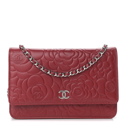 Chanel Lambskin Camellia Embossed Wallet On Chain WOC Red 1 of 12