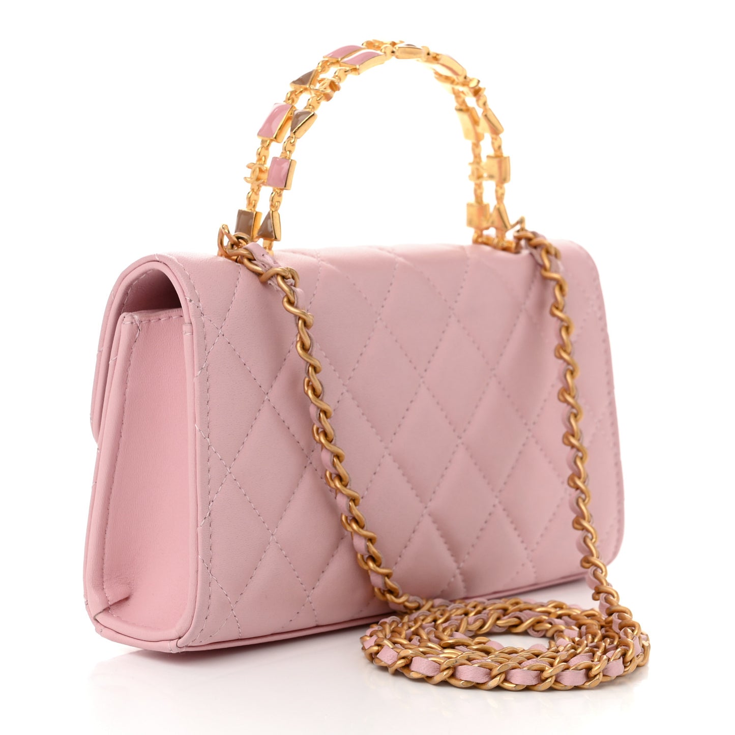 Lambskin Enamel Quilted Top Handle Flap Phone Holder With Chain Pink