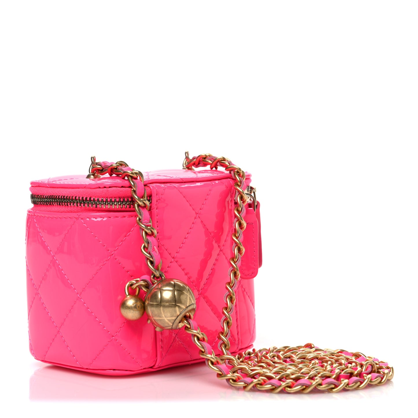 Patent Quilted Pearl Crush Mini Vanity Case With Chain Neon Pink