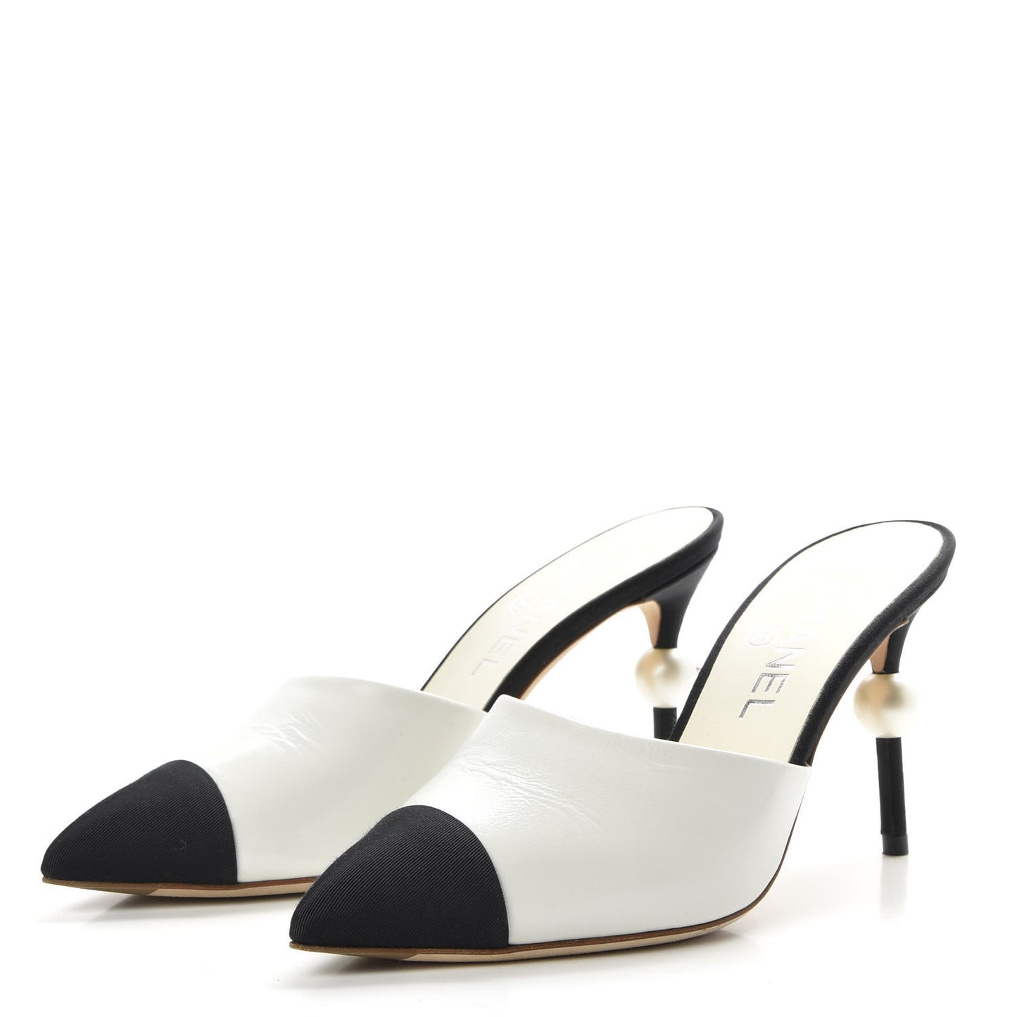 Goatskin Grosgrain Cap Toe Pearl Mule 36 Ecru Black