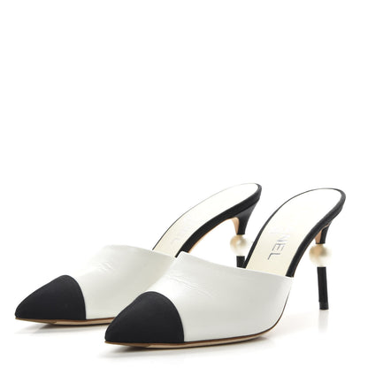 Chanel Goatskin Grosgrain Cap Toe Pearl Mule 36 Ecru Black 3 of 9