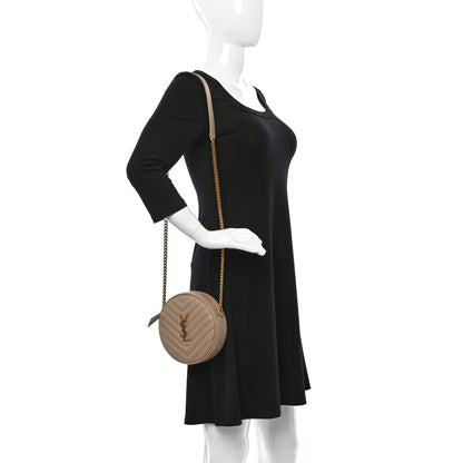 Saint Laurent Grain De Poudre Matelasse Chevron Quilted Round Vinyle Camera Bag Dark Beige 2 of 9