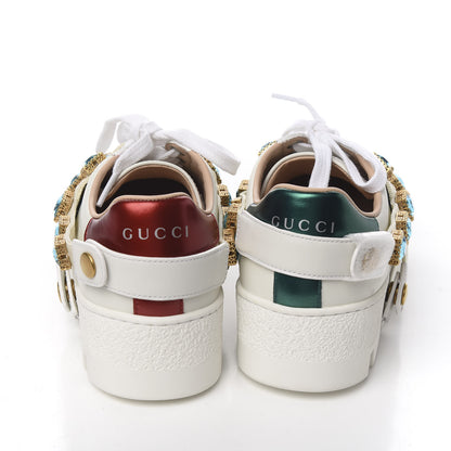 Gucci Calfskin Removable Crystals Bee Embroidered Womens Ace Platform Sneakers 35 White 4 of 11