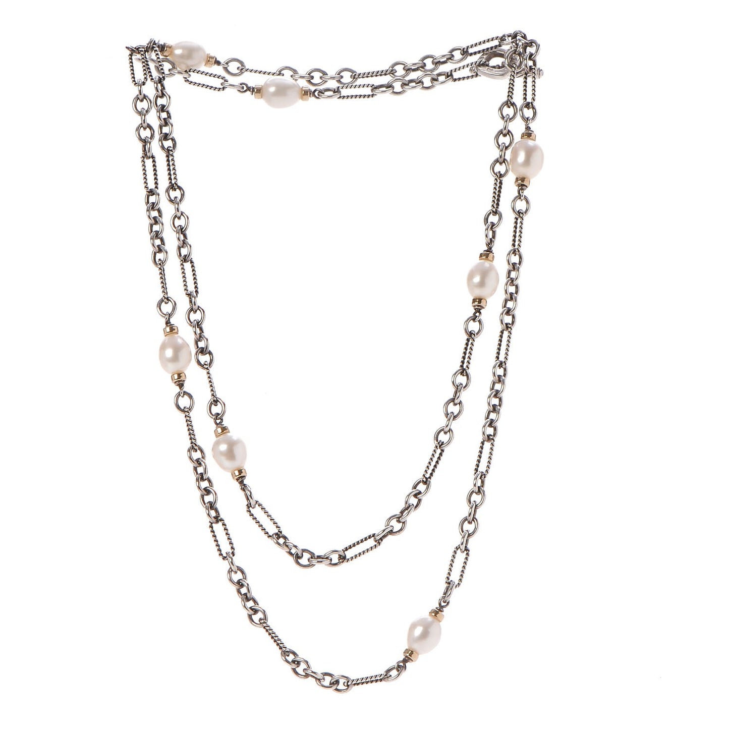 Sterling Silver 18K Yellow Gold Baroque Pearl Long Figaro Chain Necklace