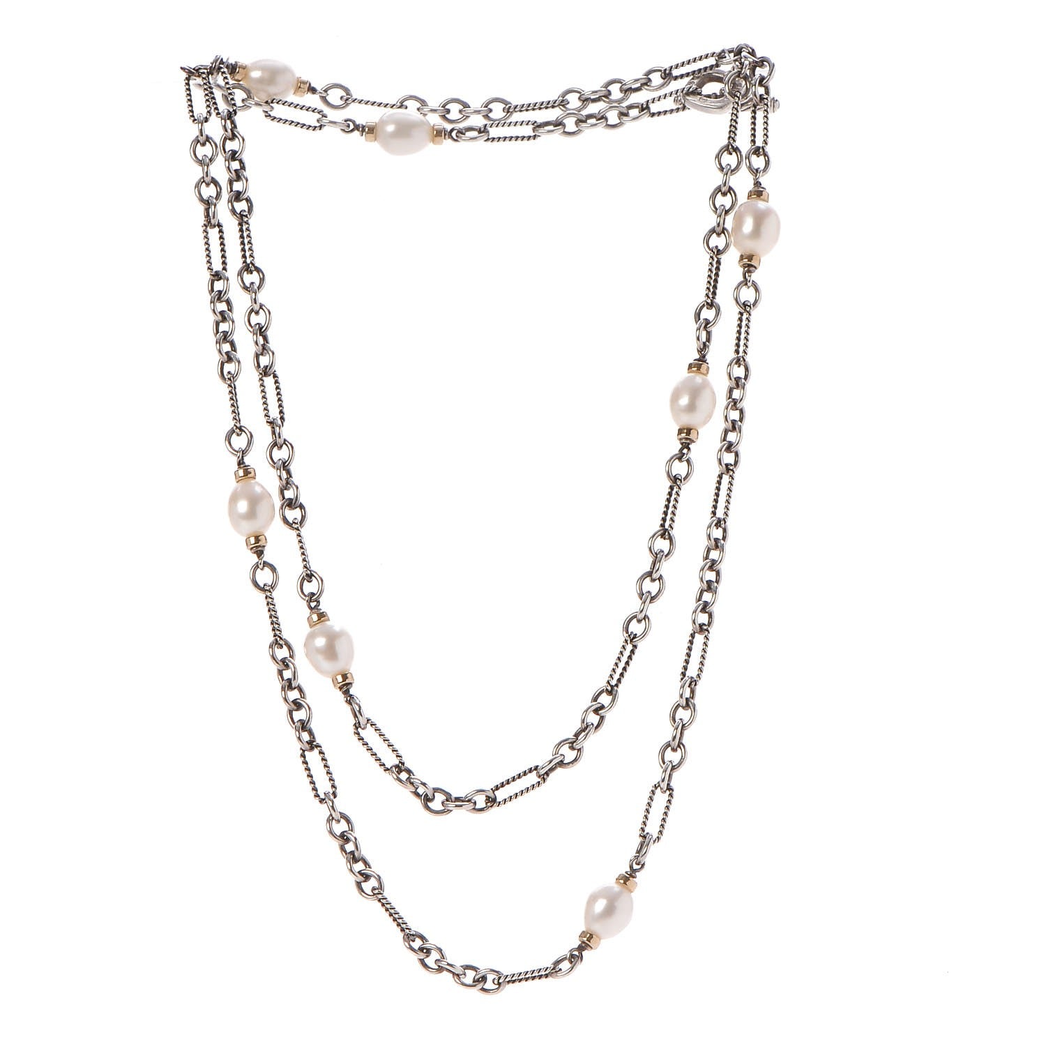 David Yurman Sterling Silver 18K Yellow Gold Baroque Pearl Long Figaro Chain Necklace 3 of 5