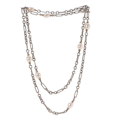 David Yurman Sterling Silver 18K Yellow Gold Baroque Pearl Long Figaro Chain Necklace 3 of 5