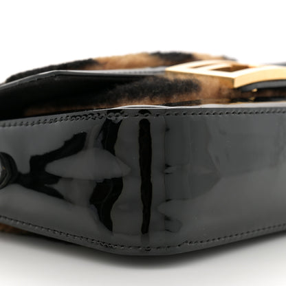 Fendi Shearling Vitello Vernice Mou Pequin Striped Mini Baguette Tobacco Black 9 of 10