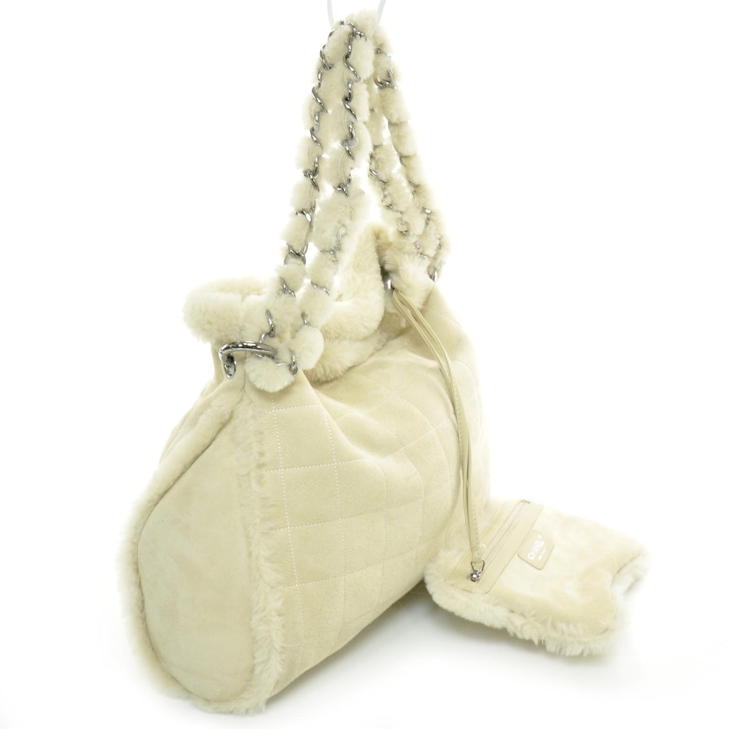 Suede Sherpa Shoulder Bag w Cosmetic Pouch