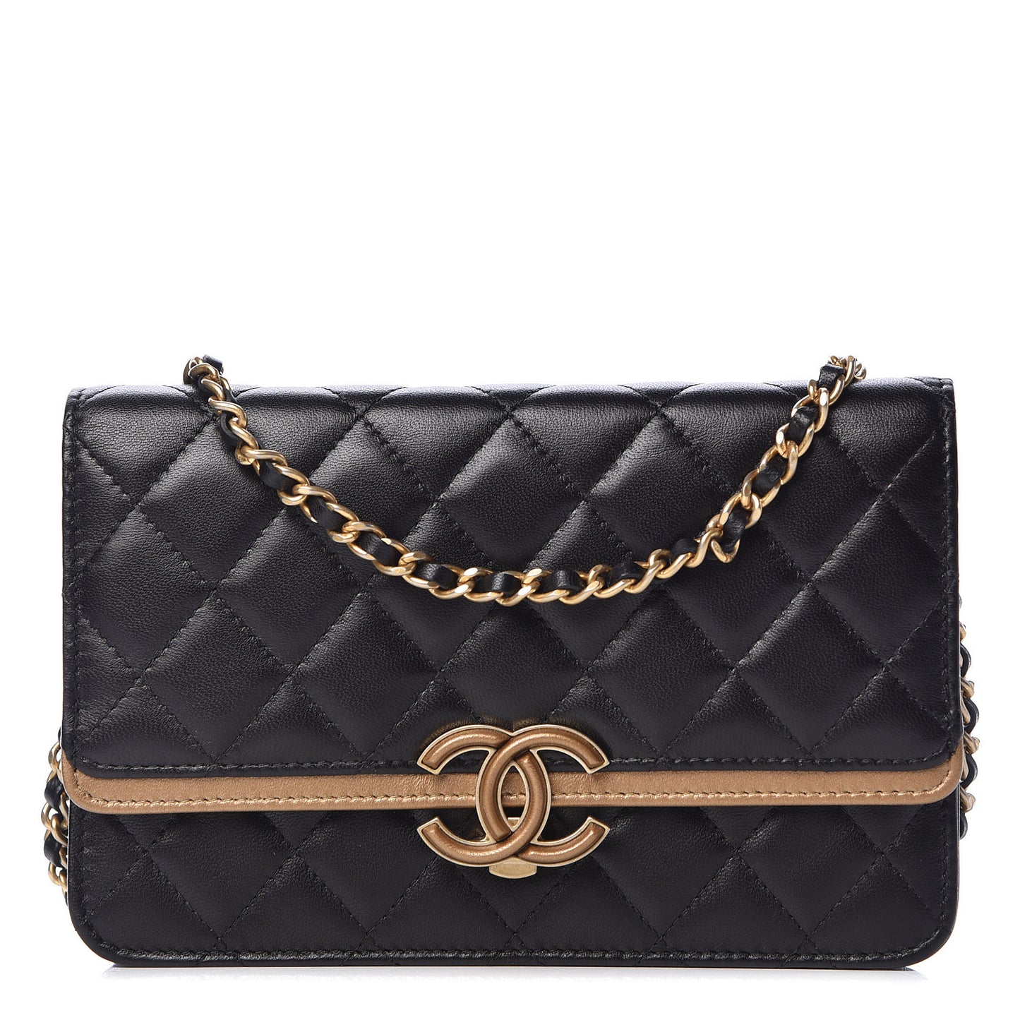 Lambskin Quilted CC Chic Wallet on Chain WOC Black Gold