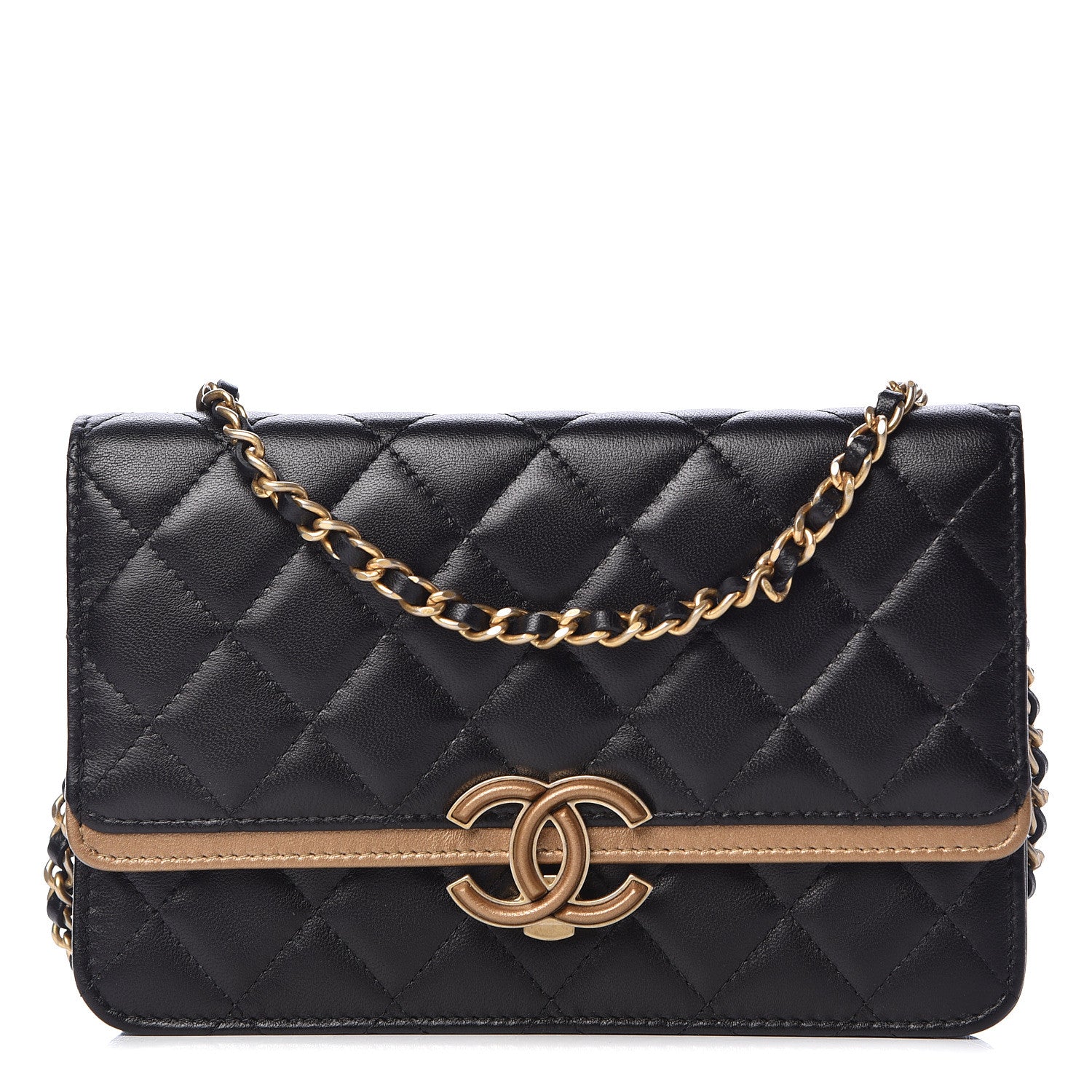 Chanel Lambskin Quilted CC Chic Wallet on Chain WOC Black Gold 1 of 12