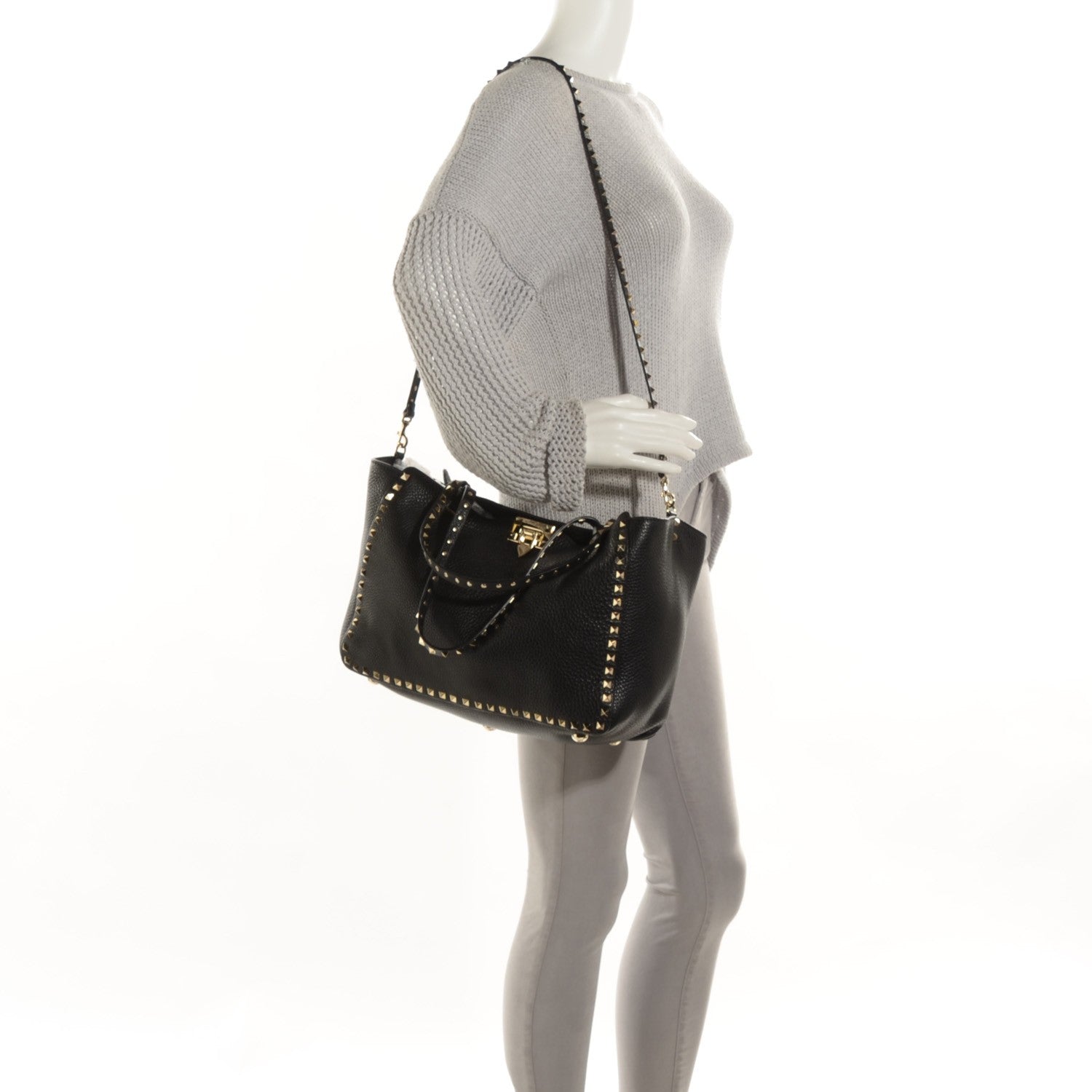 Valentino Garavani Alce Printed Calfskin Medium Rockstud Tote Black 3 of 10