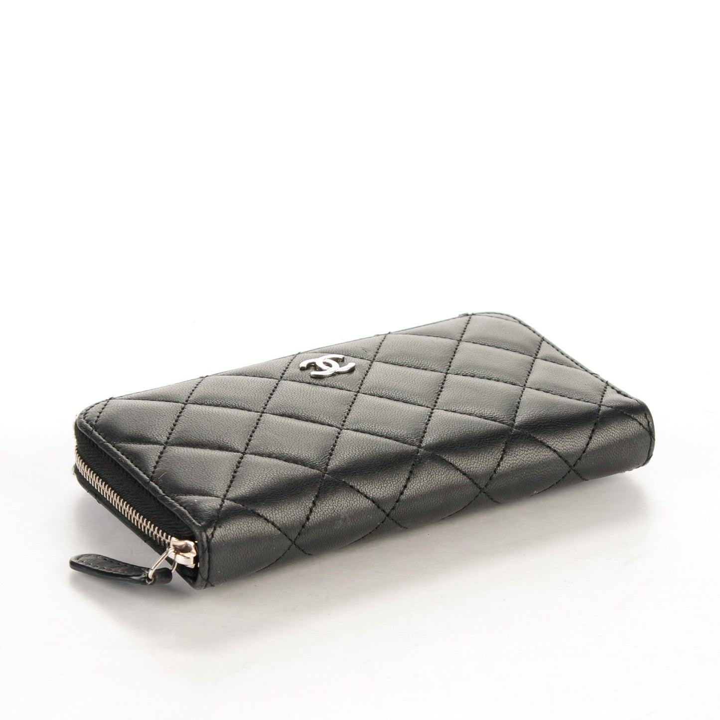 Lambskin Quilted Small Zip Around Wallet Black