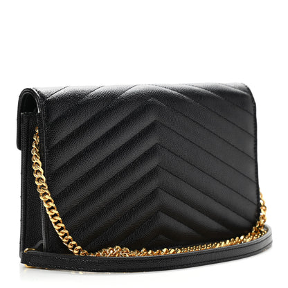 Saint Laurent Grain De Poudre Matelasse Chevron Monogram Envelope Chain Wallet Black 2 of 10