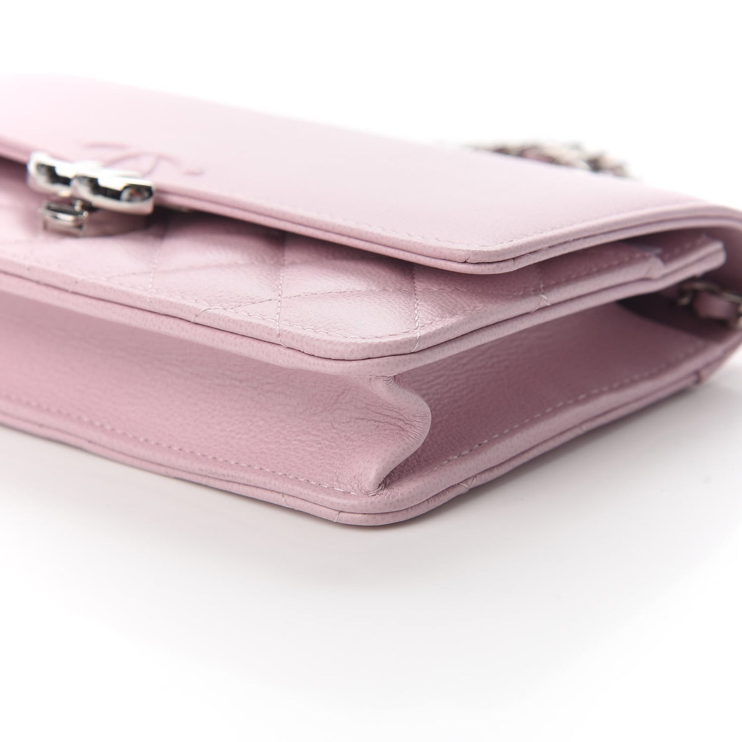 Grained Calfskin Quilted CC Box Wallet On Chain WOC Light Pink