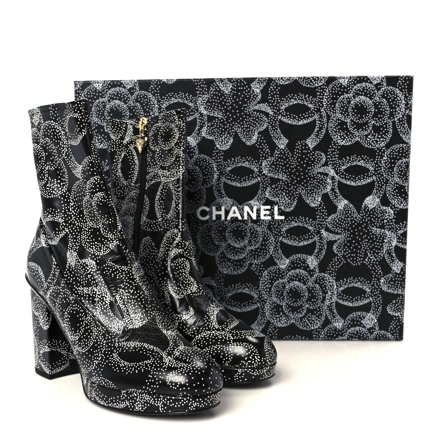 Chanel Calfskin Camellia Printed Ankle Boots 39 Black White 10 of 10