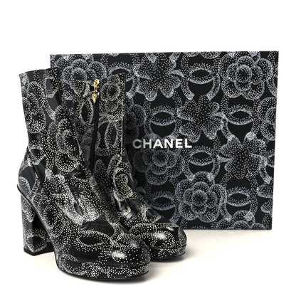 Chanel Calfskin Camellia Printed Ankle Boots 39 Black White 10 of 10