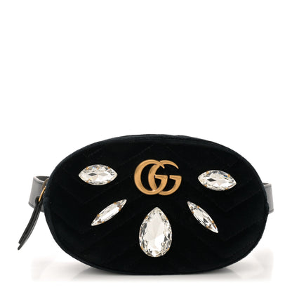 Gucci Velvet Matelasse Marquise Crystals GG Marmont Belt Bag 85 34 Black 1 of 11