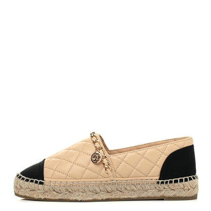 Chanel Lambskin Grosgrain Quilted CC Chain Espadrilles 35 Beige Black 1 of 8