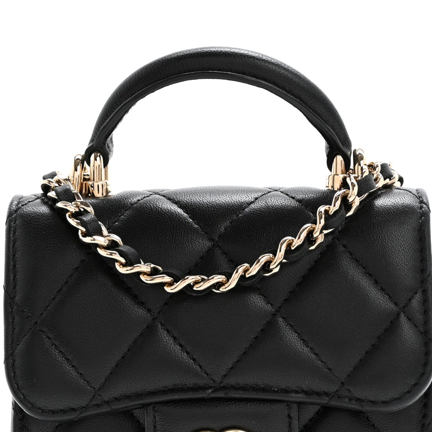 Lambskin Quilted Top Handle Flap Clutch With Chain Black