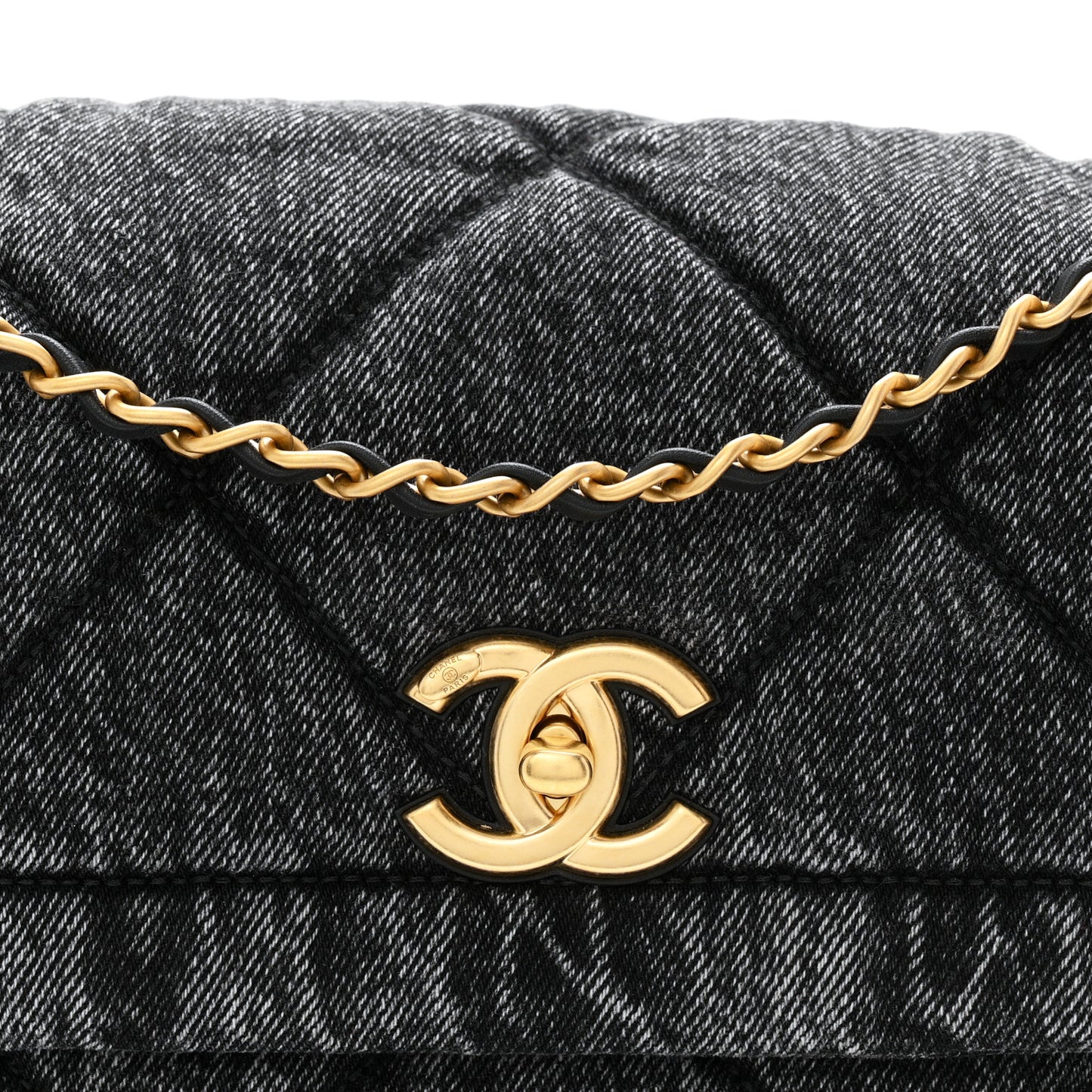 Washed Denim Quilted Large Flap Bag Black