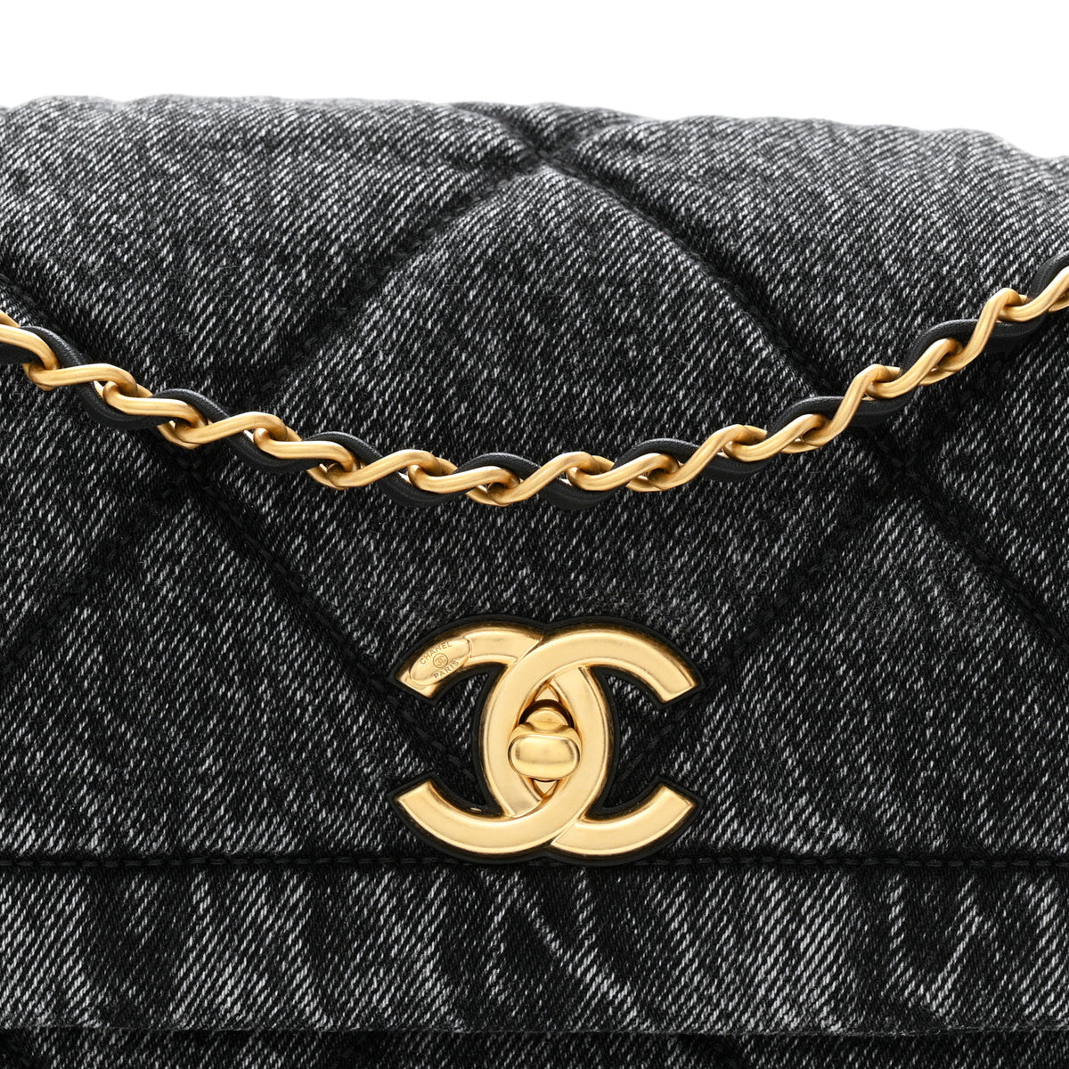 Washed Denim Quilted Large Flap Bag Black