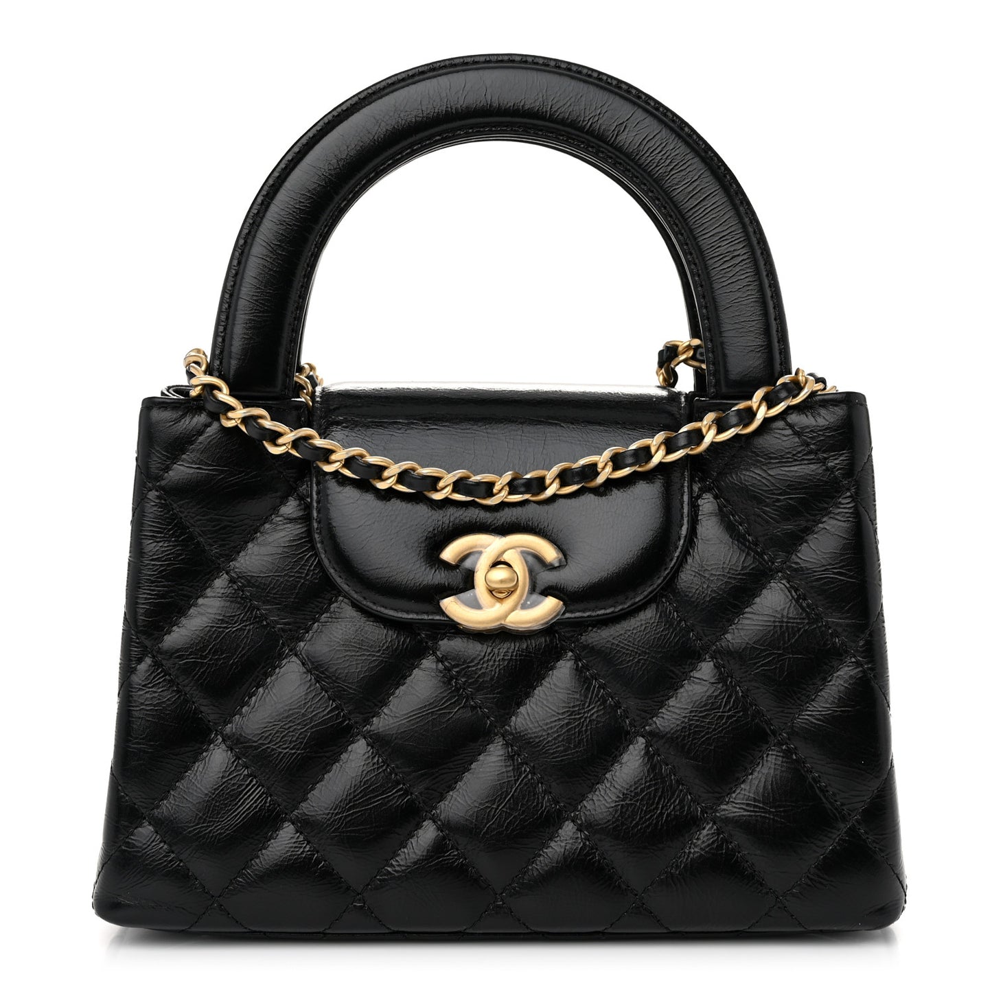 Shiny Aged Calfskin Quilted Nano Kelly Shopper Black
