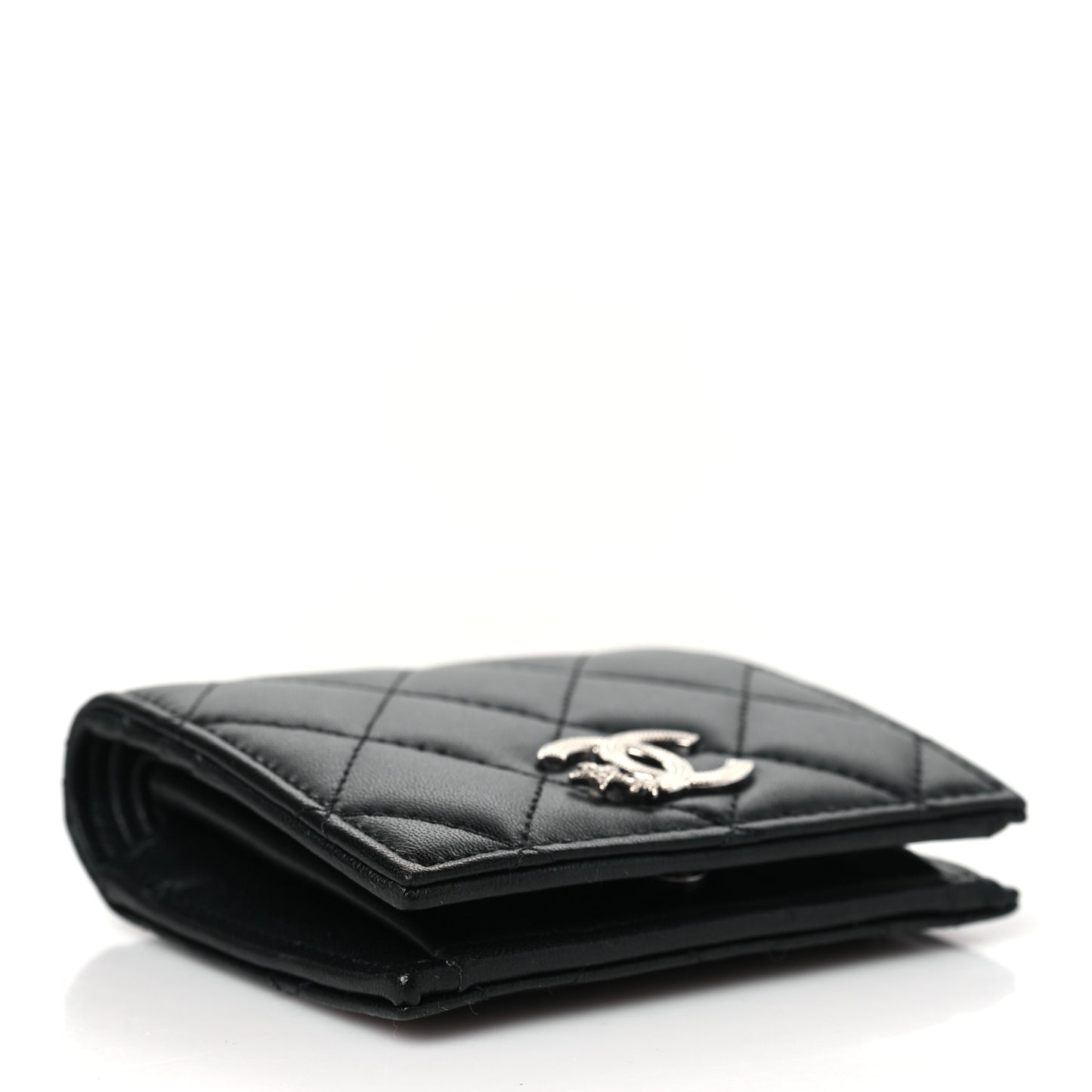 Lambskin Quilted Crystal Star CC Compact Bifold Wallet Black