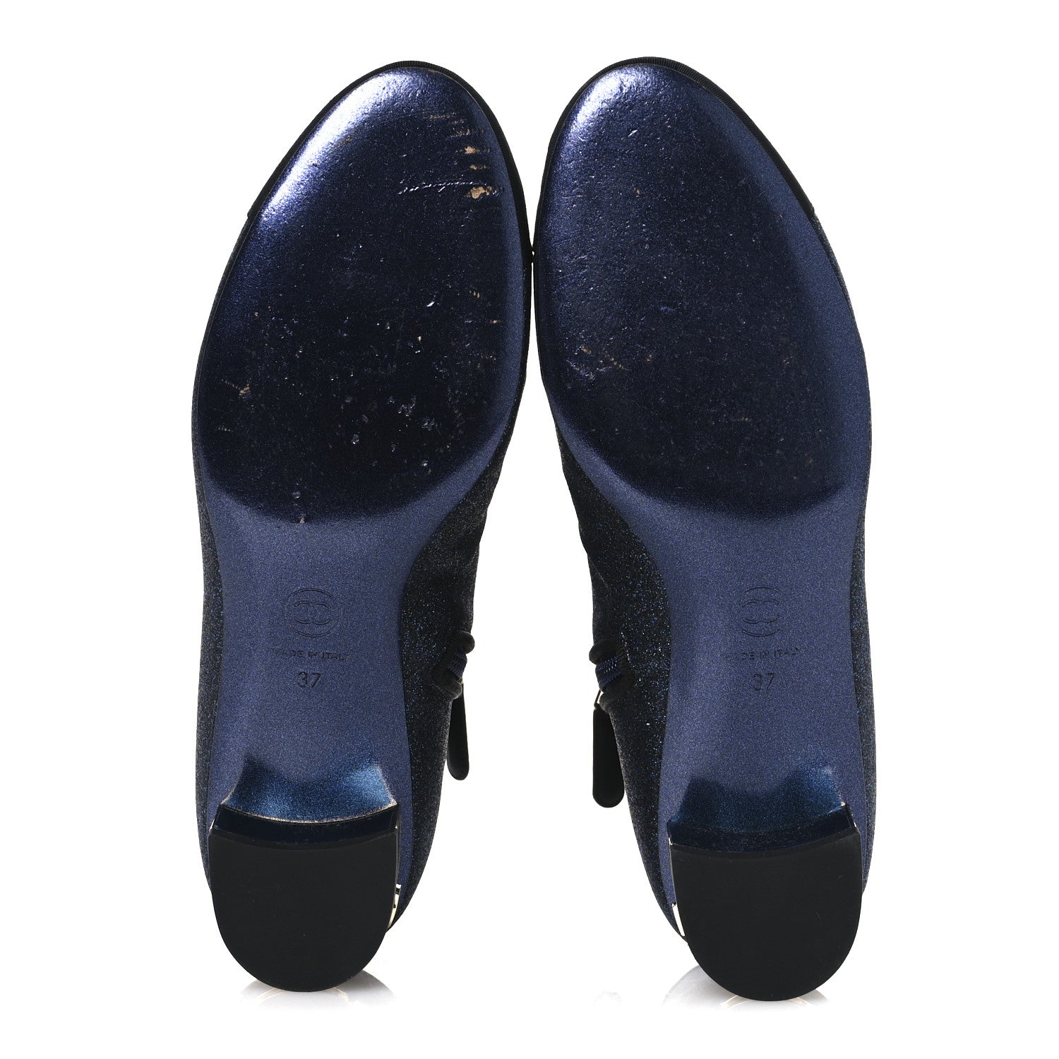 Chanel Sequin Grosgrain Cap Toe Logo Short Boots 37 Navy Black 7 of 11