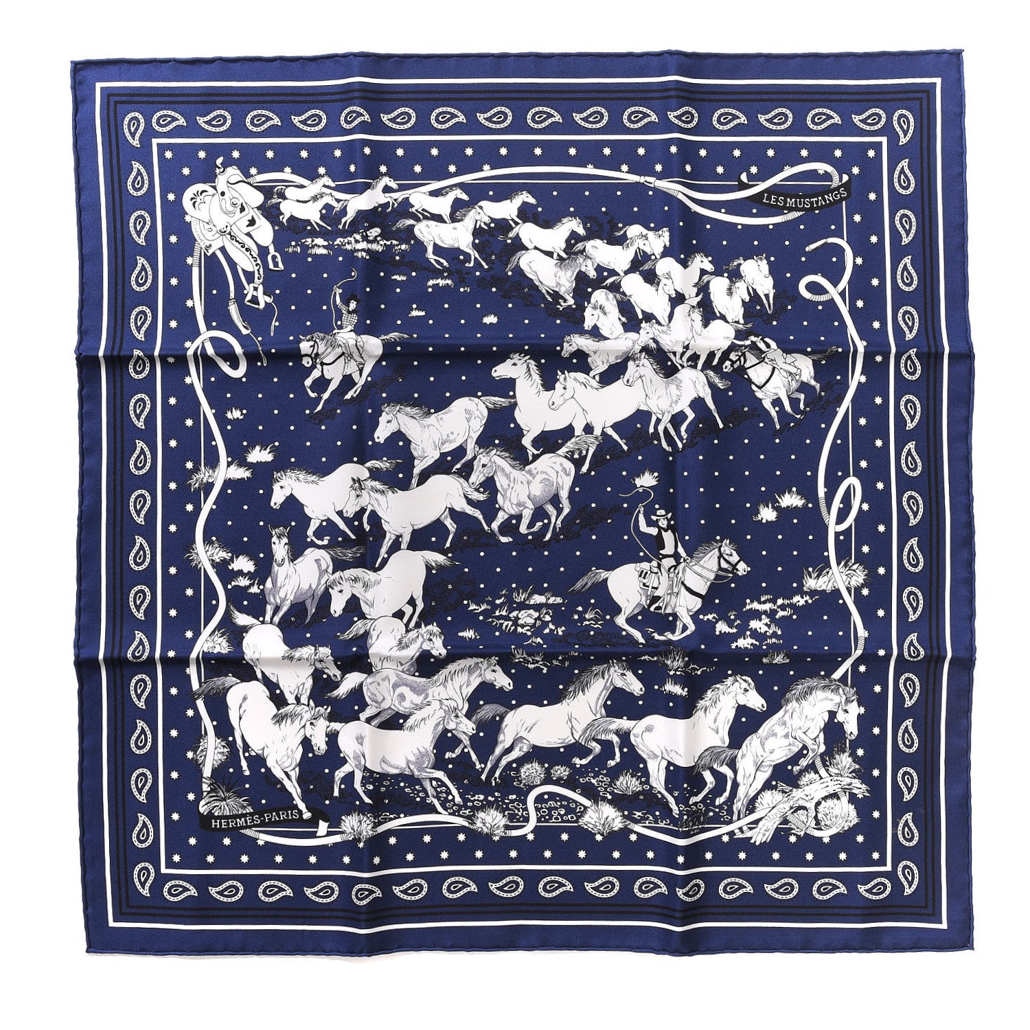 Hermes Silk Les Mustangs Bandana 55 Marine Blanc 1 of 6