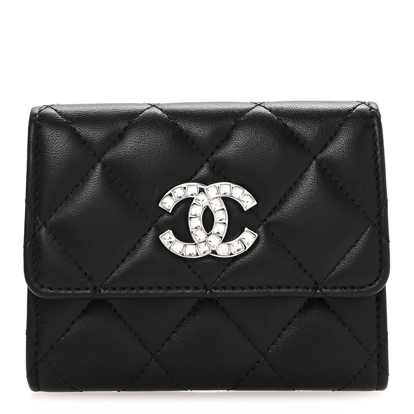 Lambskin Quilted Flap Baguette Crystal Card Holder Wallet Black