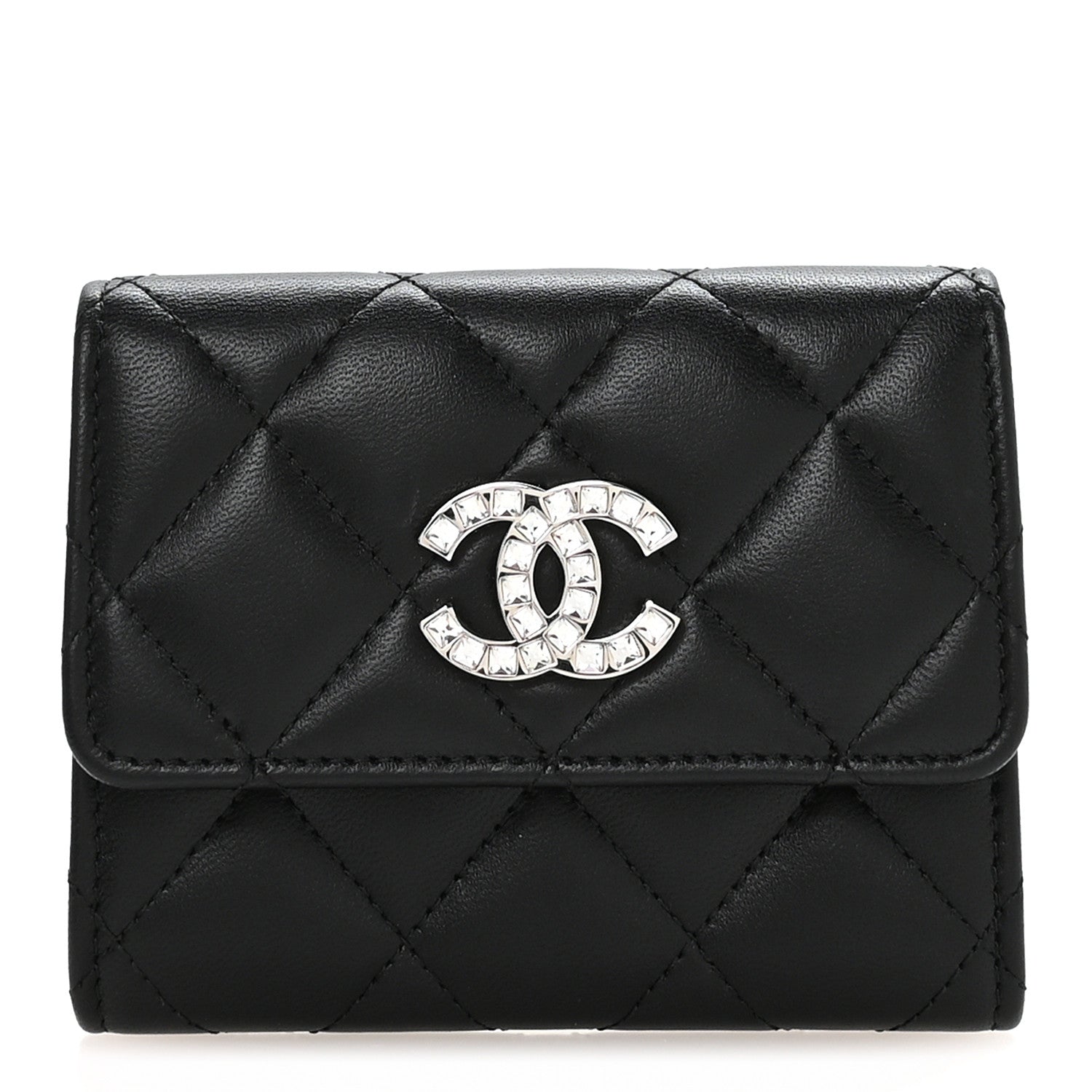 Chanel Lambskin Quilted Flap Baguette Crystal Card Holder Wallet Black 1 of 9