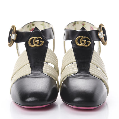 Gucci Malaga Kid T-Strap Mid Heel Sandals 36 Black White 3 of 14