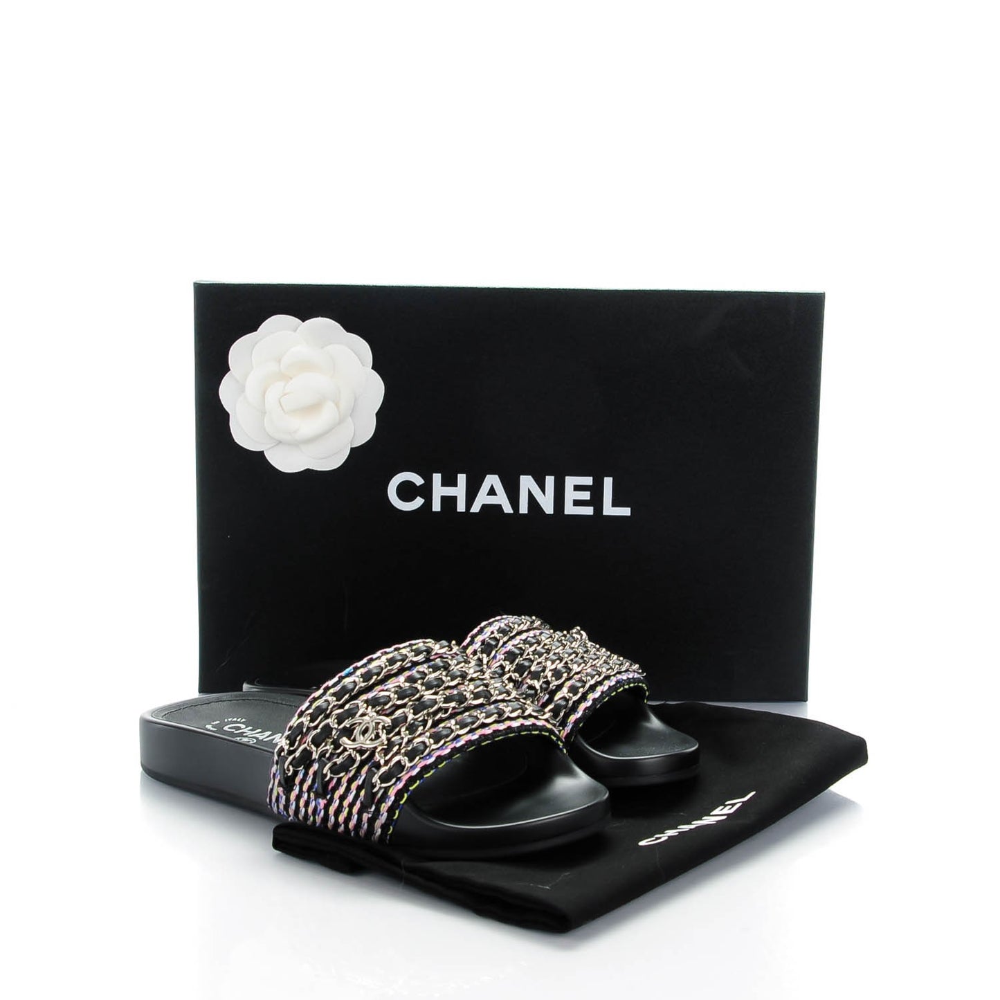 Tweed Lambskin Chain Flat Sandals 35 Black Multicolor