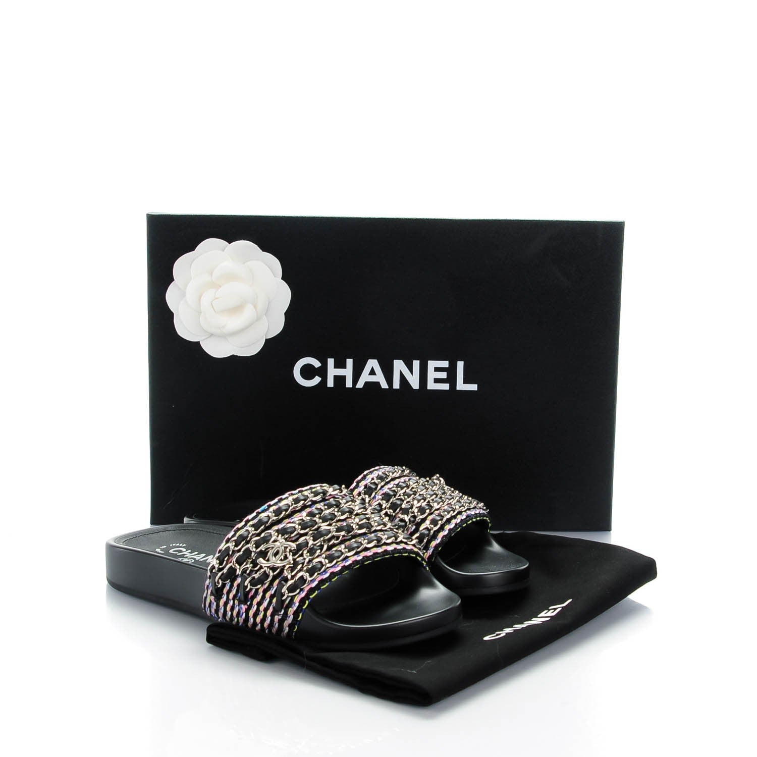 Chanel Tweed Lambskin Chain Flat Sandals 35 Black Multicolor 8 of 8