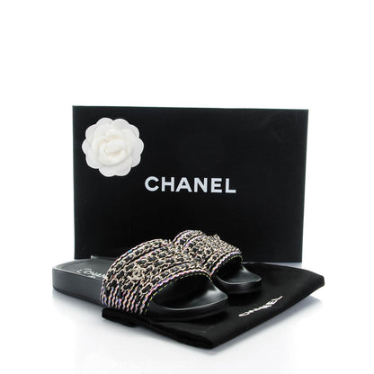 Chanel Tweed Lambskin Chain Flat Sandals 35 Black Multicolor 8 of 8