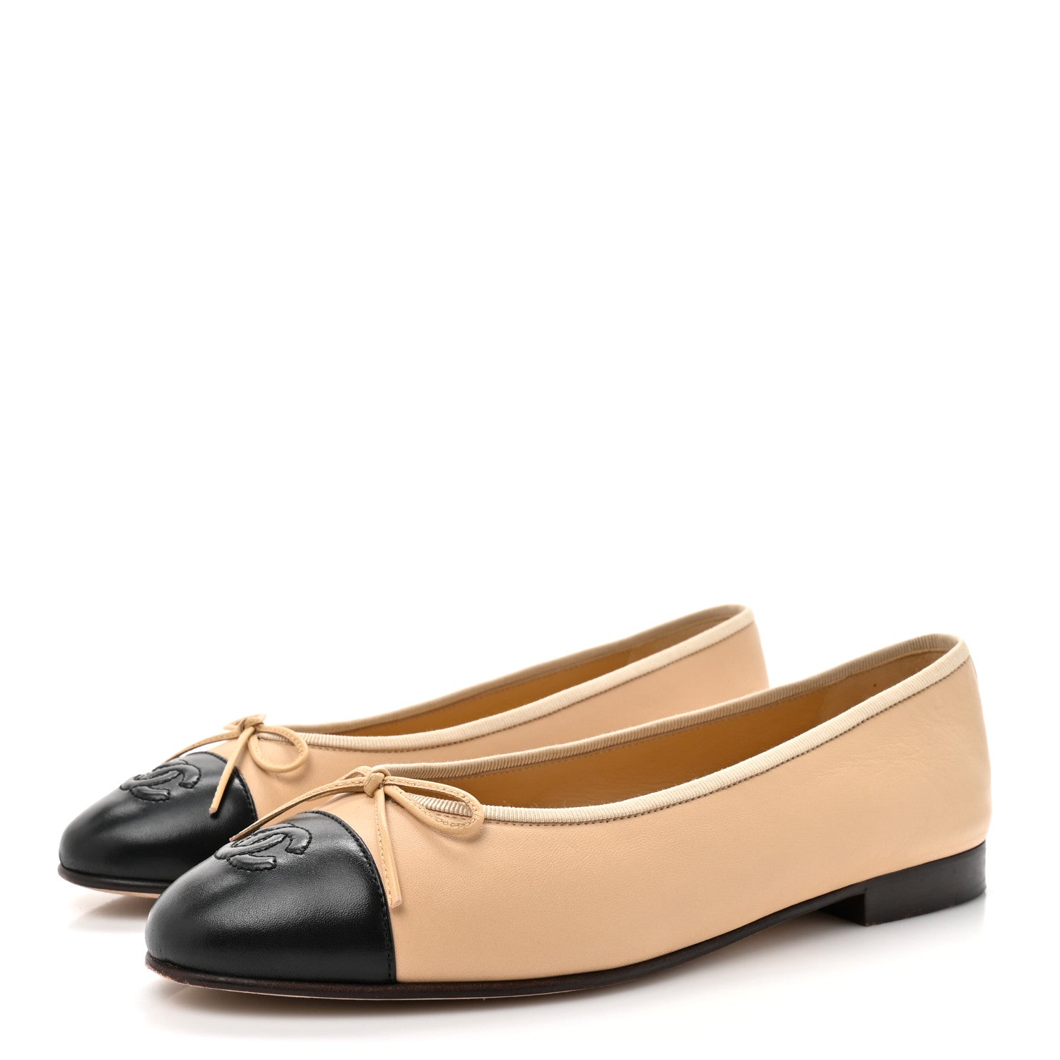 Chanel Lambskin Cap Toe CC Ballerina Flats 38 Beige Black 4 of 11