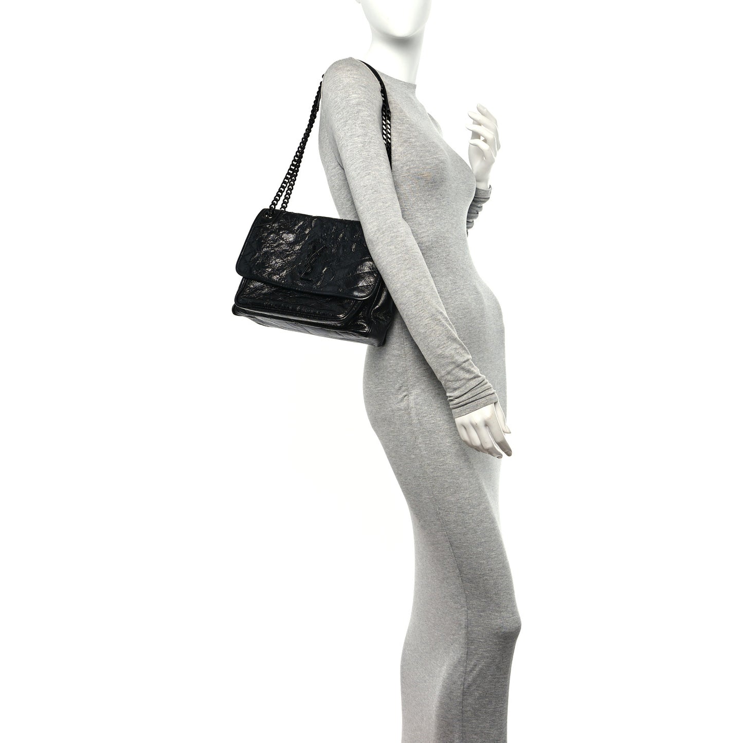 Crinkled Calfskin Matelasse Monogram Medium Niki Chain Satchel Black