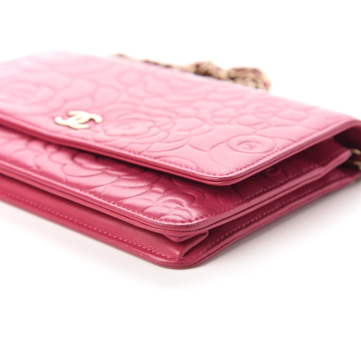 Chanel Lambskin Camellia Embossed Wallet On Chain WOC Pink 7 of 11