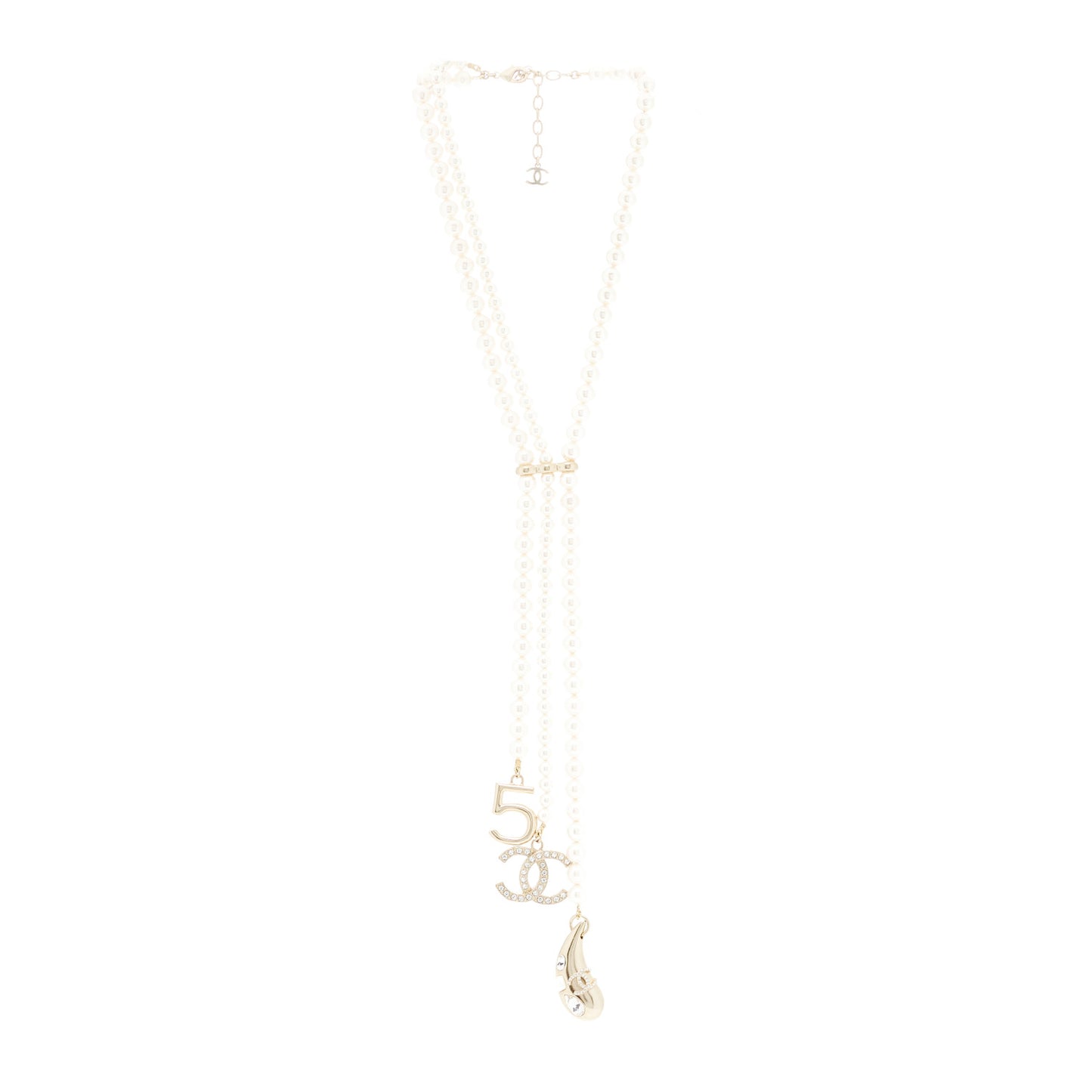 Pearl Beaded CC Charm Drop Multi Strand Lariat Necklace Pearly White Gold