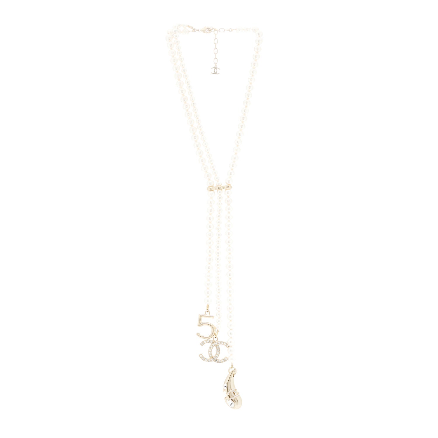 Chanel Pearl Beaded CC Charm Drop Multi Strand Lariat Necklace Pearly White Gold 2 of 5